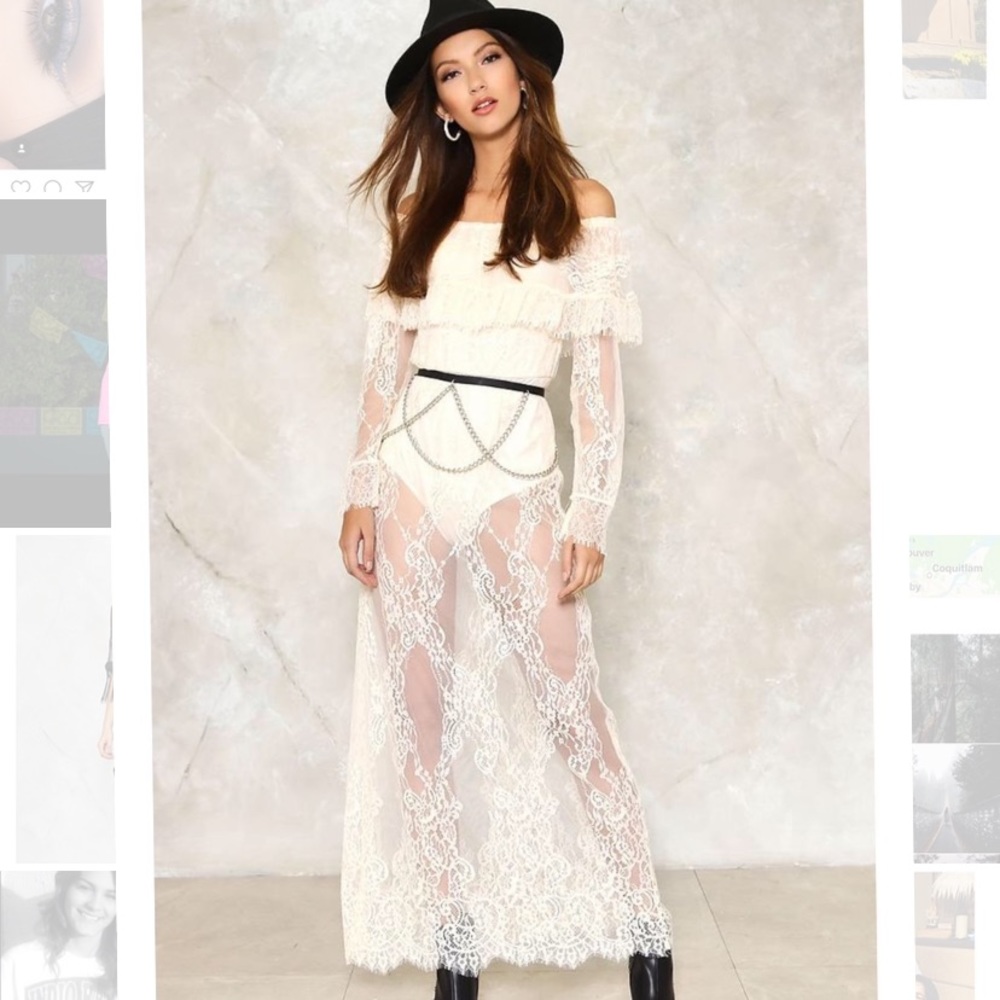 Eyelash Lace Bardot Sheer Maxi Dress